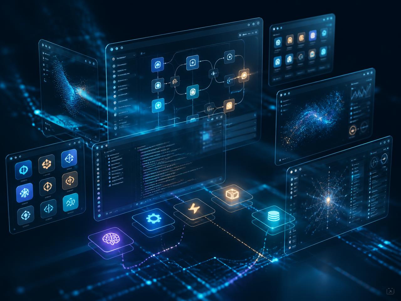 Futuristic AI technology interfaces, web apps, software icons and automation workflows